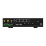Back panel of a network device featuring various ports including HDMI, USB, and Ethernet connections.