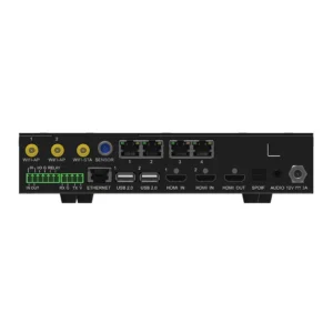 Back panel of a network device featuring various ports including HDMI, USB, and Ethernet connections.