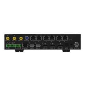Back panel of a network device showing various ports and connectors including HDMI and USB.