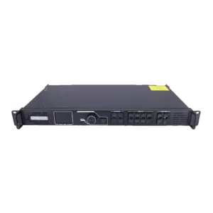 Black audio mixer with multiple control knobs and input/output ports on the front panel.
