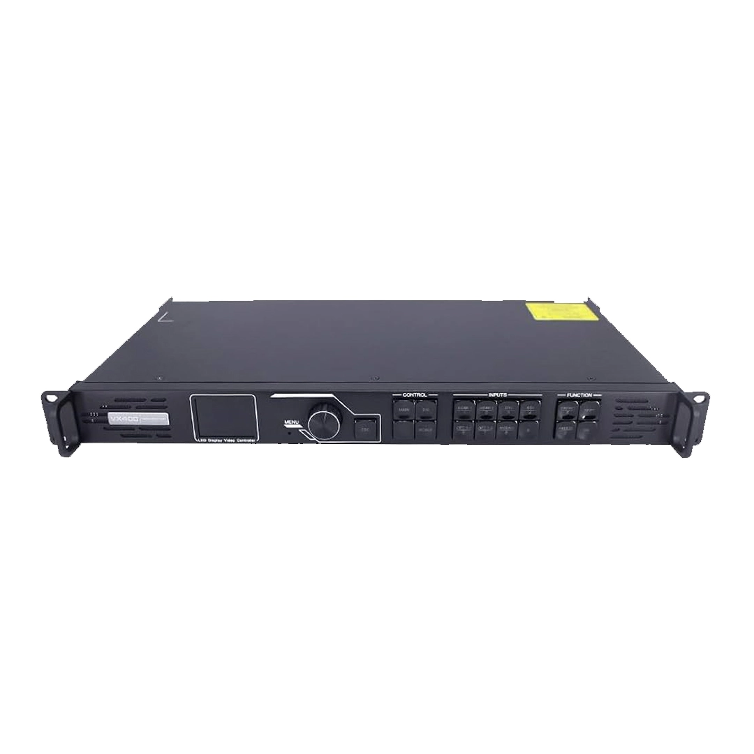 Black audio mixer with multiple control knobs and input/output ports on the front panel.