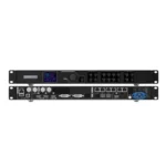 Back view of a professional audio video processor with various input and output ports.
