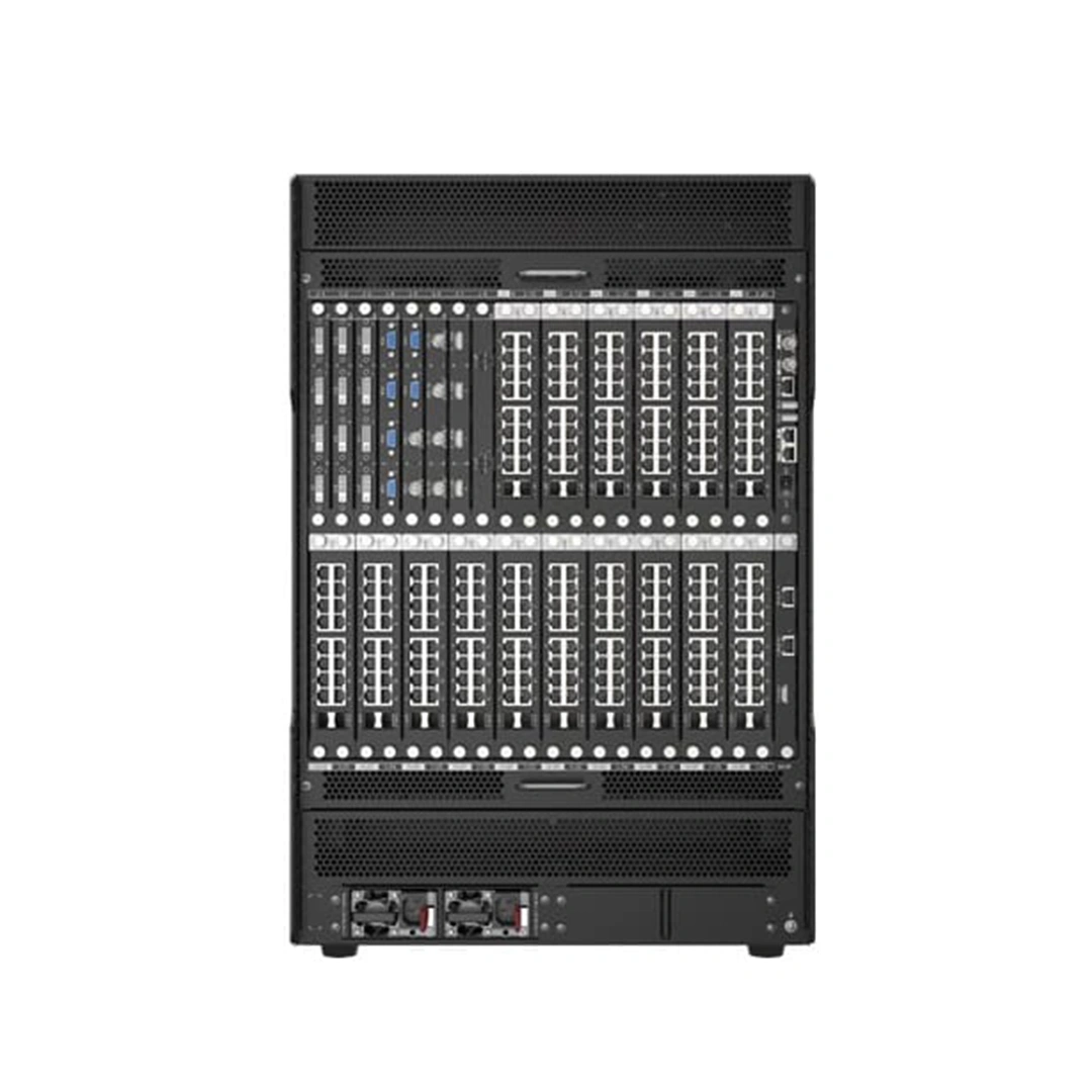 Black server rack featuring multiple hard drive bays and LED indicators on the front panel.