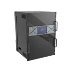 Black server rack featuring a front display panel and handles for transport.