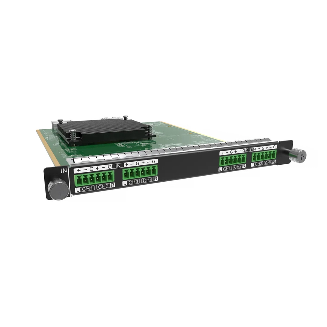 Audio interface expansion card with multiple input and output connectors on a circuit board.