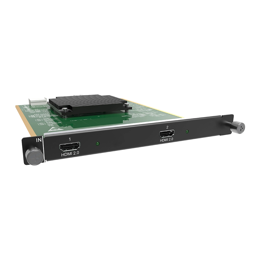 HDMI 2.0 input card with two HDMI ports and a cooling component on a green circuit board.