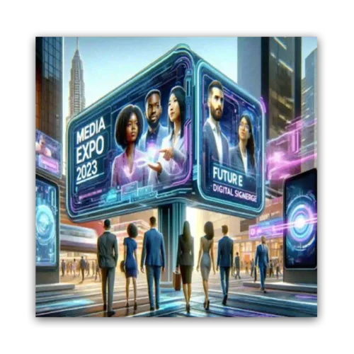 Digital billboard advertising Media Expo 2023 with images of diverse professionals and futuristic design.