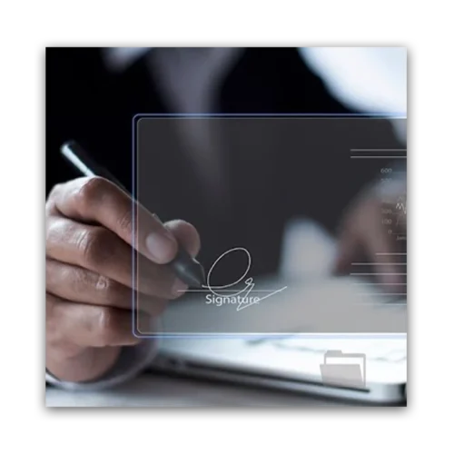 Person signing a document digitally on a tablet with a stylus pen.