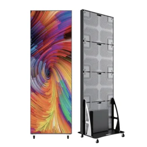Display stand featuring a colorful swirl design on one side and a gray patterned back on the other.