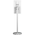 White standing fan with a sleek design and adjustable height feature.