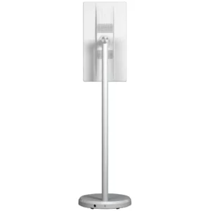 White standing fan with a sleek design and adjustable height feature.