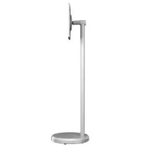 Silver floor stand designed to hold a monitor with a sleek, modern design.