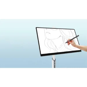 A hand holding a stylus drawing on a digital tablet displaying a sketch of a woman's face.