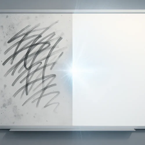 Abstract artwork featuring black scribbles on a gray background next to a blank white space.