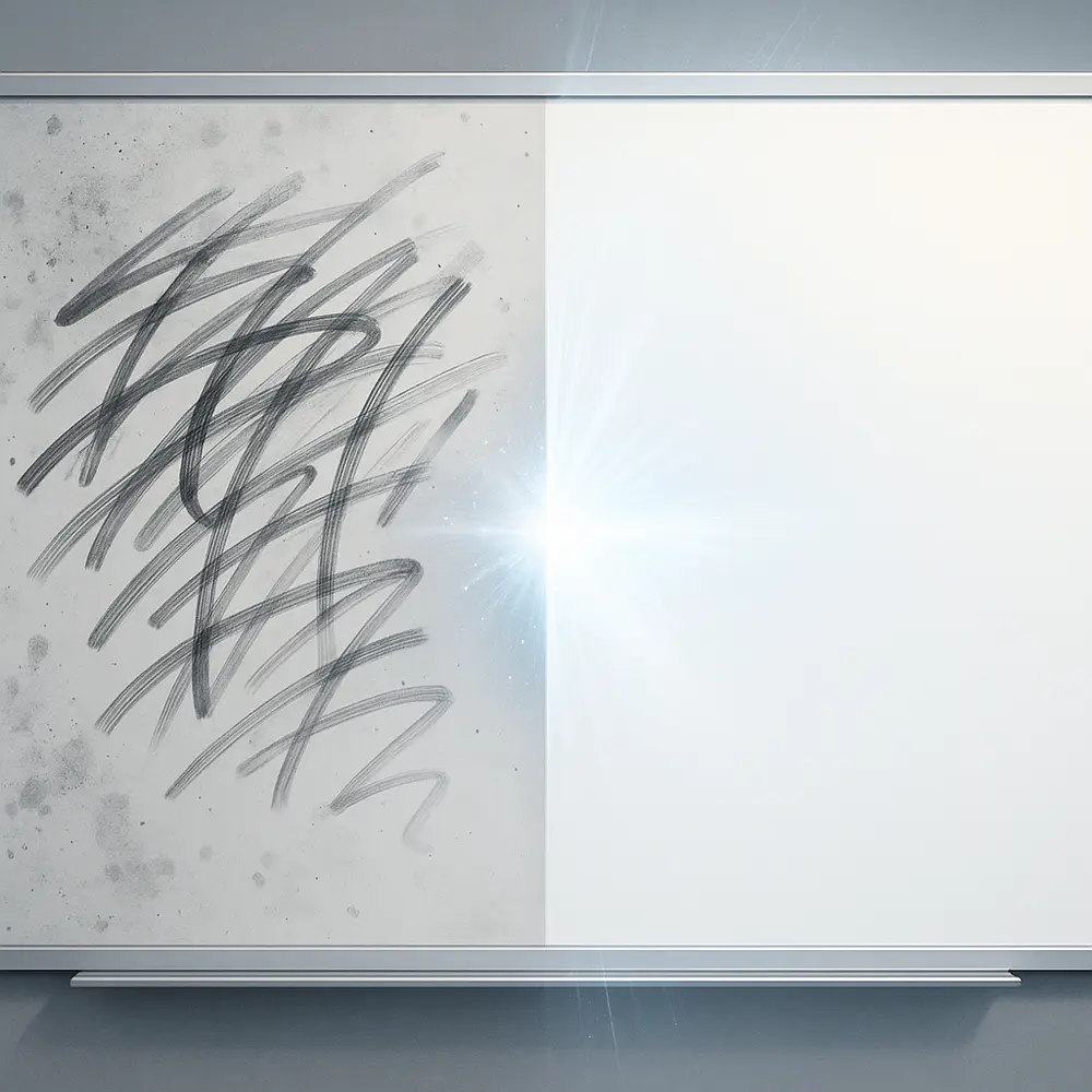 Abstract artwork featuring black scribbles on a gray background next to a blank white space.